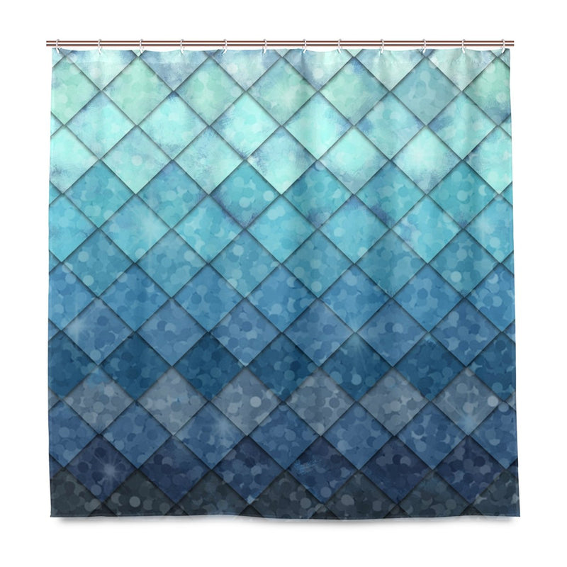 ZOEO Shower Curtain Backdrop Ocean Blue Teal Mermaid Fish Scales Geometric Rhombus Bathroom Home Decor Set Fabric Bridal Polyester Washable Waterproof 12 Hooks for Women 72x72 Inch - NewNest Australia