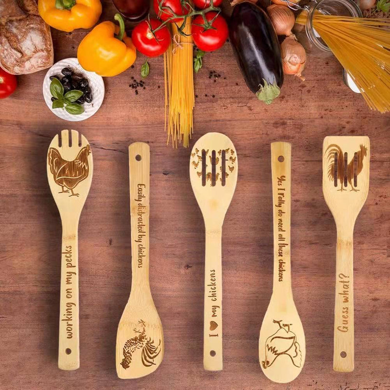 Wooden Cooking Spoons Set of 5, Rooster Chicken Decor Pioneer Woman Kitchen Accessories ,Rooster Decor for Kitchen, Bamboo Cooking Spoons Farmhouse Housewarming Wedding Mom Cooking Day Gift Rooster wooden cooking spoons - NewNest Australia