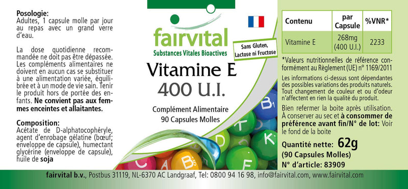 Fairvital | Vitamin E capsules 400 IU - HIGH DOSE - 90 softgels - antioxidant - NewNest Australia
