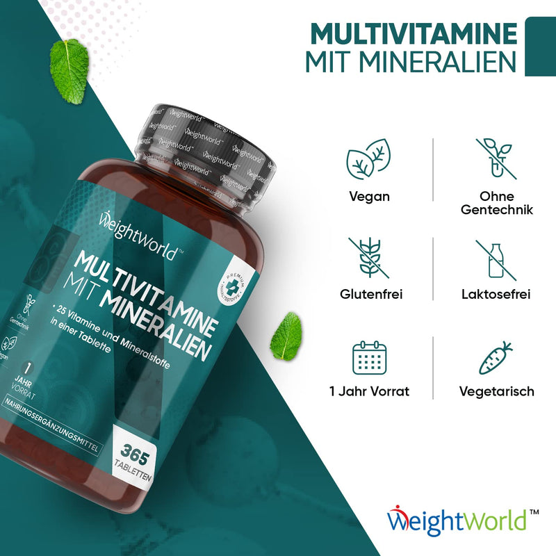 Multivitamin Tablets With Minerals - Immune System & Blood Pressure (Efsa) - 365 Vegan Pieces - 25 Vitamin Az Stack - Dietary Supplement Women & Men - Minerals Complex - Weightworld - NewNest Australia