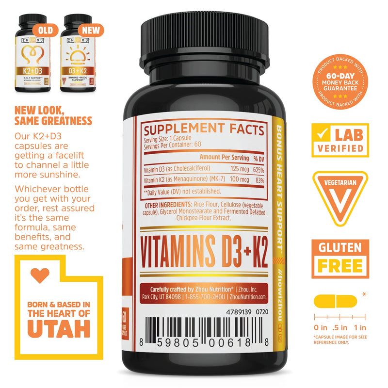 Zhou Nutrition Vitamin D3 K2, Bone and Heart Health Formula 5000 IU Vitamin D3 & 100 mcg Vitamin K2, Max Strength 2 in 1 Immune Support and Calcium Absorption, Gluten Free, 60 Count - NewNest Australia