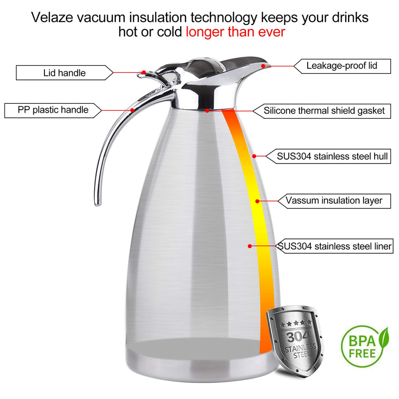 Velaze Vacuum Jug 70 Oz, Thermal Coffee Carafe Insulated 2L, Vacuum Stainless Steel Tea Carafe Hot Coffee Pitcher Double Walled, 24 Hour Heat Retention, Silver 2 Litre - NewNest Australia