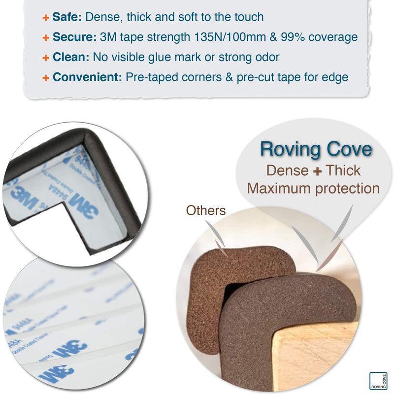 Roving Cove Corner and Edge Bumper Guards (15ft Edge + 4 Corners), Heavy-Duty, Soft NBR Rubber Foam, Baby Proof Furniture and Fireplace, 3M Adhesive Pre-Taped Corners, Onyx Black 15 feet - NewNest Australia