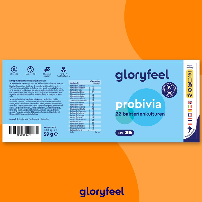 Gloryfeel Probivia Probiotics Capsules, 200 Gastro-Resistant Capsules, 18 Bacterial Strains + Inulin With Lactobacillus And Bifidobacterium, Laboratory Tested Production In Germany - NewNest Australia