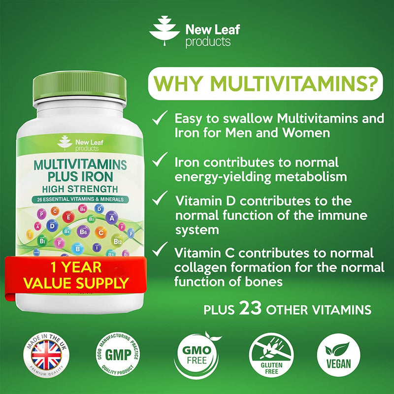 Multivitamin & Minerals - 365 Vegan Multivitamins Tablets (1 Year Supply) with Iron High Strength - 26 Essential Active Multivitamin Tablets for Women & Men A-Z Complete Daily Vitamins UK Made 365 Count (Pack of 1) - NewNest Australia