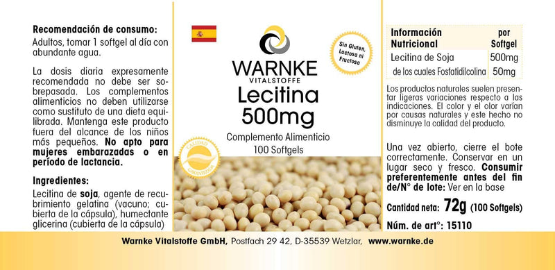 Lecithin 500mg - from soy - GMO-free - high dosage - 100 softgels | Warnke vital substances - NewNest Australia