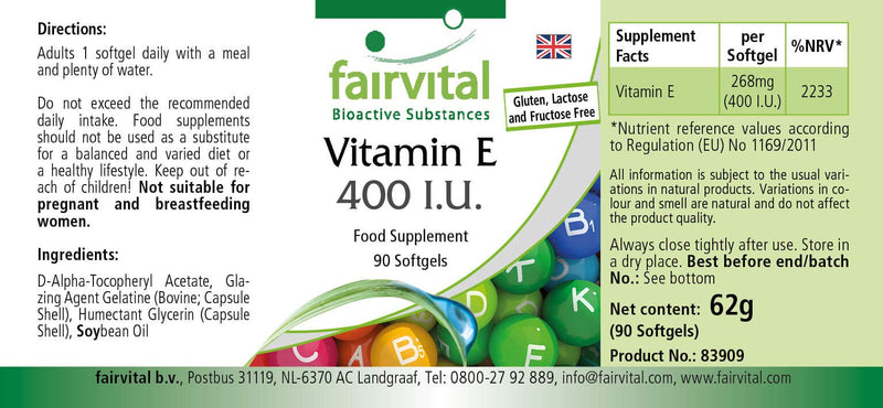 Fairvital | Vitamin E capsules 400 IU - HIGH DOSE - 90 softgels - antioxidant - NewNest Australia
