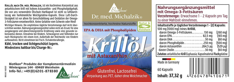 Krill oil according to Dr. med. Michalzik, 100% pure krill oil Euphasia Superba in oil protection hard capsules - 120 mg Omega 3 per capsule - without additives - from BIOTIKON® - NewNest Australia
