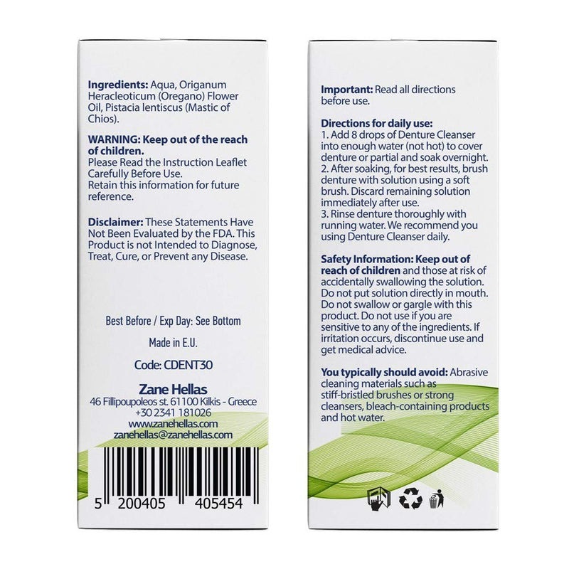Zane Hellas Denture Cleaner. Oregano Oil Power. Ideal for Dentures, Retainers, Braces, Mouth Guards. Helps Remove Plaque, Tartar, Stains and Bad Odor. 100% Herbal Solution. 1 fl.oz.-30ml. - NewNest Australia