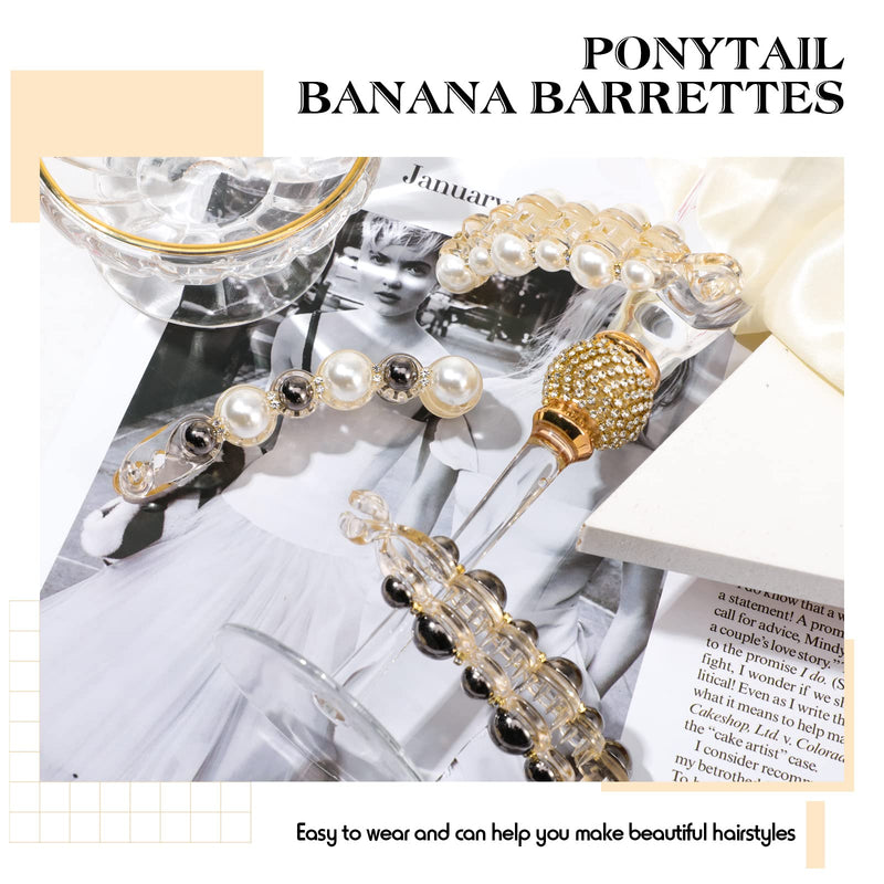 3 Pcs Pearl Banana Hair Barrettes, Artificial Pearl Rhinestone Banana Clips Acrylic Banana Hair Clips Elegant Ponytail Hair Barrettes Hair Accessories for Women Girls Thick Fine Hair - NewNest Australia