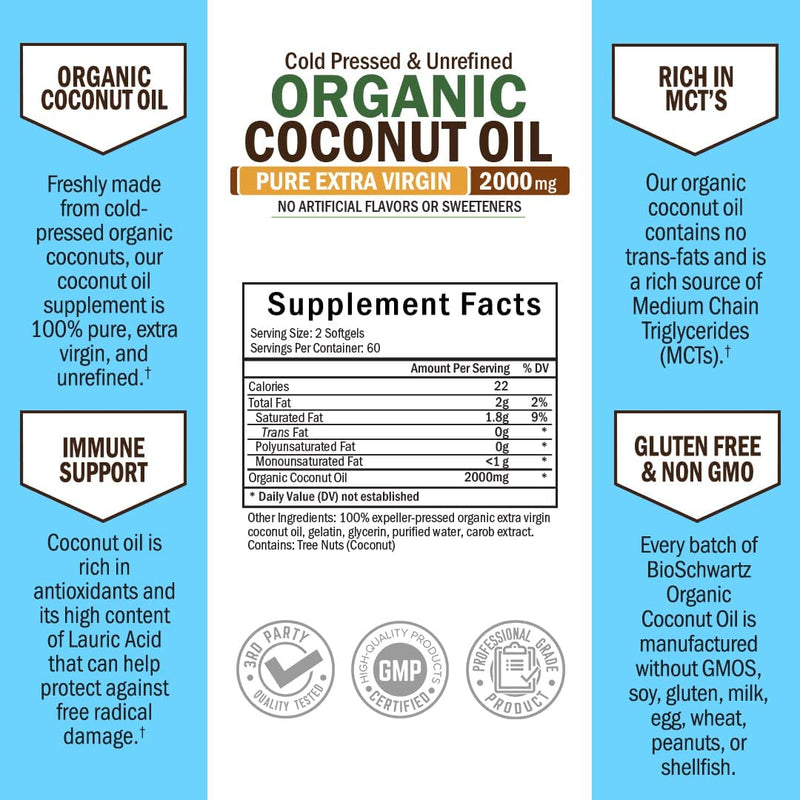 Coconut Oil Capsules 2000mg - Organic Pure Extra Virgin Unrefined Cold Pressed & Non-GMO for Healthy Skin Nails Weight Loss Hair Growth Brain Health Bloat Blood Pressure Anti Aging Digestion - 120ct - NewNest Australia