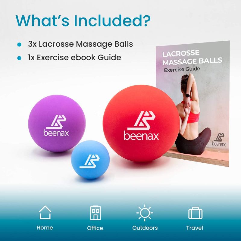 Beenax Lacrosse Massage Ball (Set of 3) - Perfect for Trigger Point Therapy, Myofascial Release, Plantar Fasciitis, Deep Tissue and Muscle Relief - Designed to Relieve Stress and Relax Tight Muscles - NewNest Australia