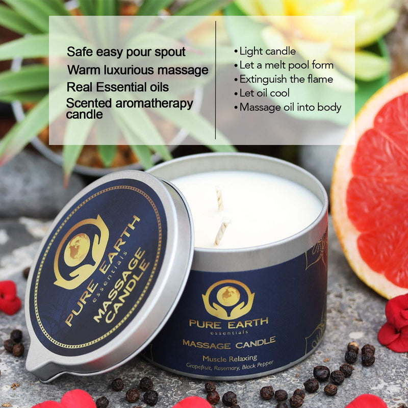 Muscle Relaxing Massage Oil Candle - Moisturizing Vegan Massage Candles for Couples and Home Spa (160 Grams) - Massage Candle with Grapefruit, Rosemary, Black Pepper - by Pure Earth Essentials Muscle relaxing - NewNest Australia