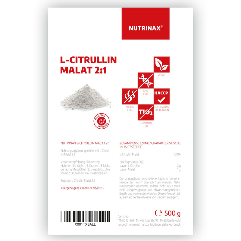 L-Citrulline Malate 2:1 Powder, 500 G, High Dose, Optimal Solubility, Vegan And No Additives, Made From Vegetable Fermentation, Amino Acid, Includes Measuring Spoon - NewNest Australia