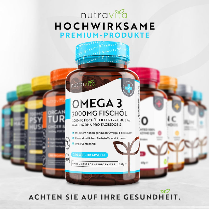 Omega 3 2000 mg - pure fish oil from SUSTAINABLE fishing - HIGH DOSE with 660 mg EPA & 440 mg DHA per serving - 240 high-dose capsules - tested/certified in Germany - NewNest Australia