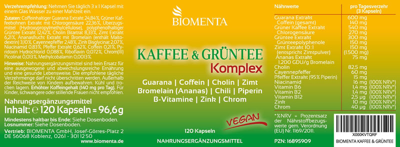 Biomenta Coffee & Green Tea Complex - With Green Tea, Green Coffee, Guarana, Caffeine, Choline, Cinnamon, Bromelain, Chilli, Piperine And More - 120 Vegan Capsules - NewNest Australia