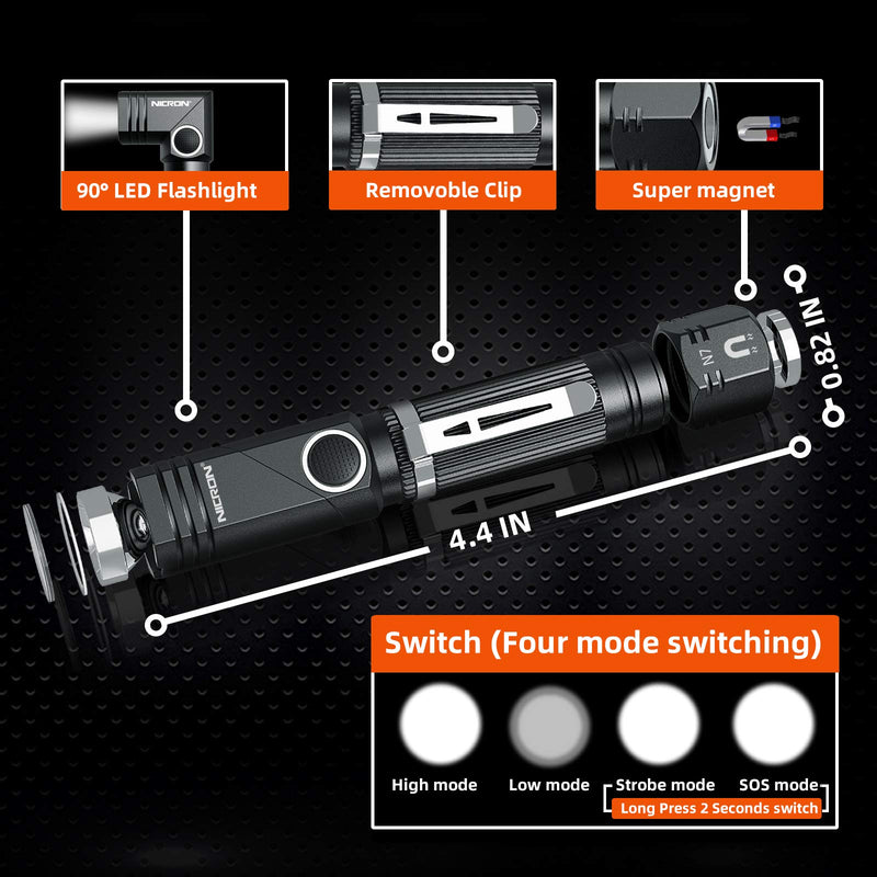 Flashlight, NICRON N7 600 Lumens Tactical Flashlight, 90 Degree Mini Flashlight Ip65 Waterproof Led Flashlight 4 Modes- Best High Lumens are for Camping, Outdoor, Hiking （Not Including Batteries）Gift - NewNest Australia