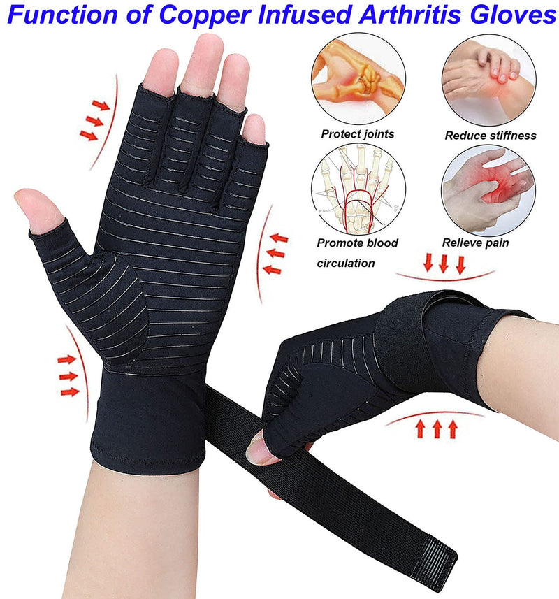 Tiny Chou 2 Pairs Copper Compression Arthritis Gloves with Adjustable Strap for Carpal Tunnel,Typing,Support (Small/Medium (2 Pairs)) Black Small/Medium (2 Pairs) - NewNest Australia