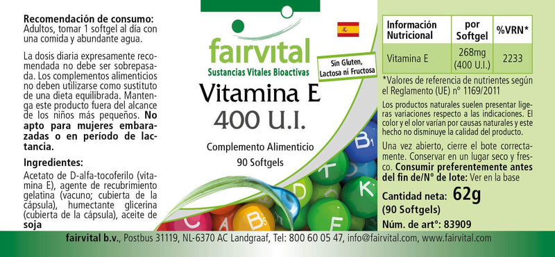 Fairvital | Vitamin E capsules 400 IU - HIGH DOSE - 90 softgels - antioxidant - NewNest Australia