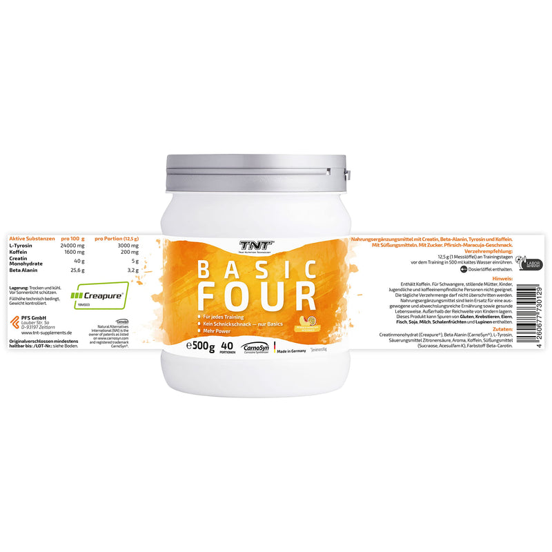 TNT Basic Four Peach-Passion Fruit (500g) • Pre Workout Booster • With Creapure® creatine monohydrate, tyrosine, beta-alanine • Training booster - NewNest Australia