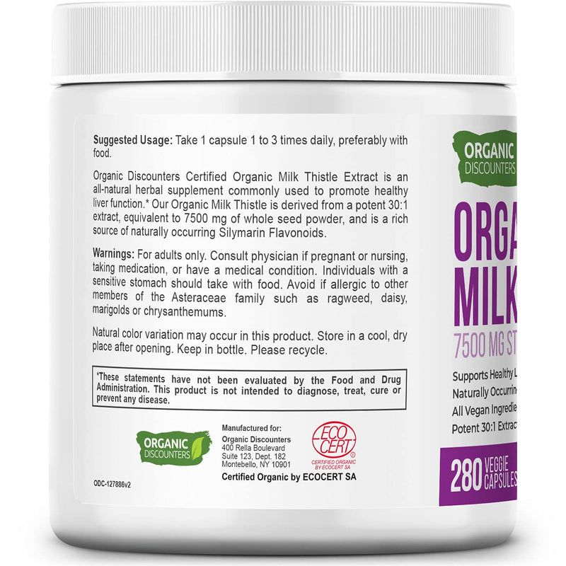 Organic Discounters USDA Organic Milk Thistle Extract Capsules, 280 Count, 7500 mg Strength, Potent 30:1 Extract, USDA Certified Organic, Rich in Silymarin Flavonoids, Vegan, Non-GMO and All-Natural - NewNest Australia