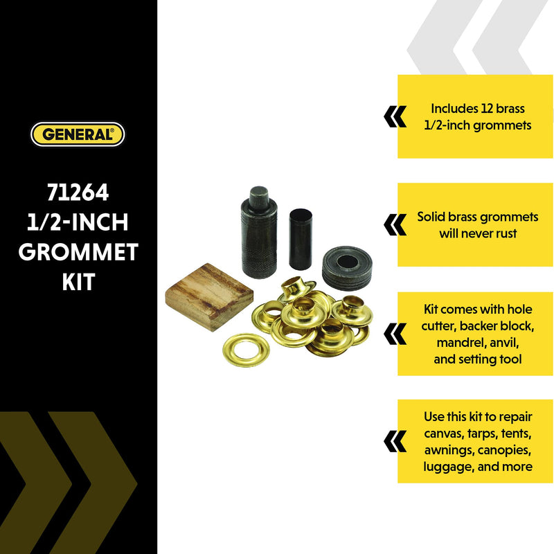 General Tools 1/2" Grommet Tool Kit - 12 Solid Brass Grommets for Tarps Repair, Fabric Rings, Reinforcing Canvases, & Canopies - NewNest Australia