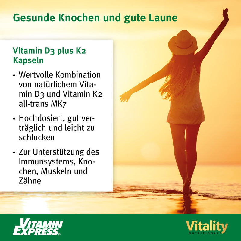 VitaminExpress Vitamin D3 K2 high dose, D 5000 IU + K2 200 mcg Premium All Trans MK7 I 90 mini capsules I high bioavailability, free of additives I immune system I Vitality Nutritionals - NewNest Australia