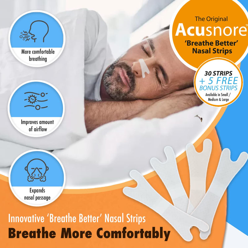 Anti Snore Strips Acusnore® Nose Strips for Snoring Suitable Snoring Aids for Men & Women Includes 105 Breathe Better Nasal Strips for Better Sleep (x3 Packs of 35) (S/M) S/M - NewNest Australia