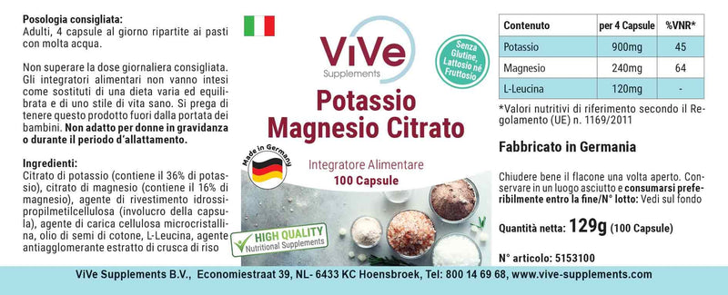 Potassium magnesium citrate - 100 vegan capsules - essential minerals - highly bioavailable - safe dosage | Quality from Germany from ViVe Supplements - NewNest Australia