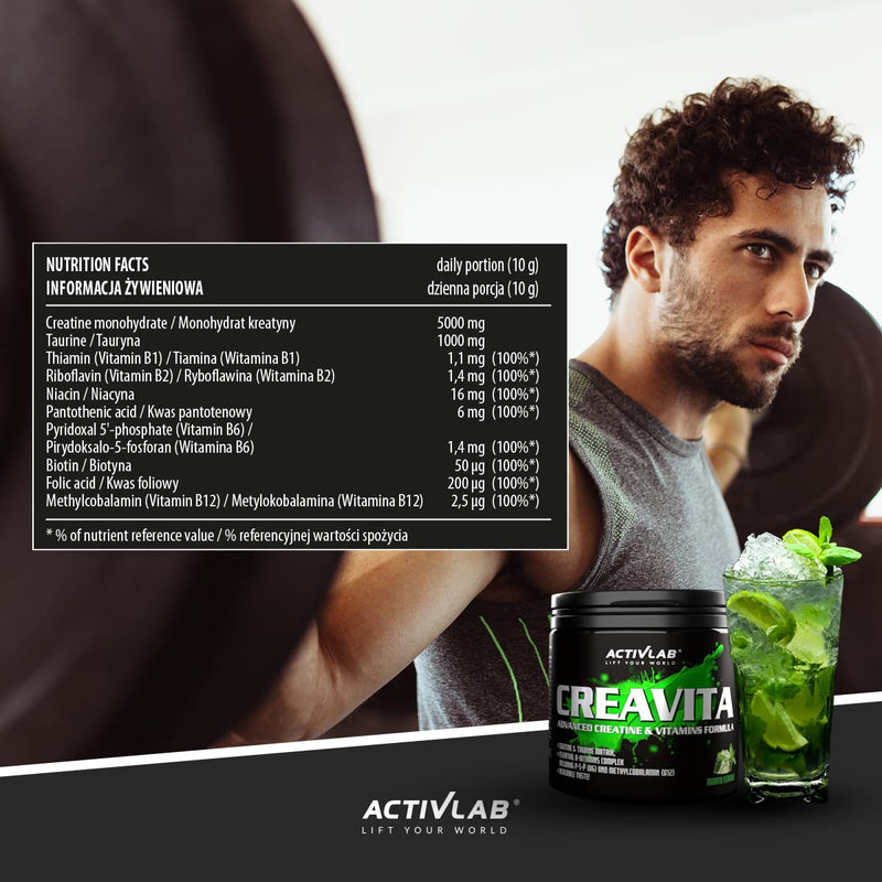 Activlab Creavita 300G | 30 Servings | Mohito Flavor | Creatine, Taurine, B Vitamins | Strength Increase | Powder | 3X Laboratory Tested | Matrix For Bodybuilding | Includes Measuring Cup - NewNest Australia