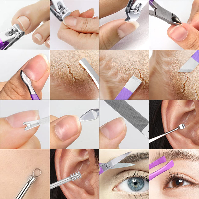 Manicure Set Professional Nail Clippers Pedicure Kit, 16 pcs Stainless Steel Nail Care Tools Grooming Kit with Luxurious Travel Leather Case for Thick Nails Men Women Gift (Violet) Violet - NewNest Australia