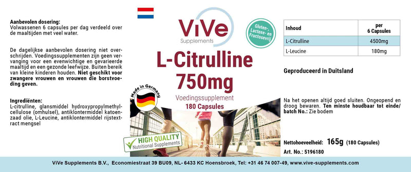 L-Citrulline 750 mg - 180 capsules for 1 month - amino acid - high dosage and vegan | Quality from Germany from ViVe Supplements - NewNest Australia