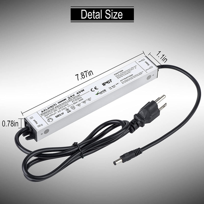 LED Driver 40W 24V, Waterproof IP67 24V Power Supply, LED Transformer 90V-265V AC to 24V DC, LED Power Supply with 3-Prong Plug 3.3 Feet Cable for LED Strip Lights, Constant Voltage LED Products Pack of 1 - NewNest Australia