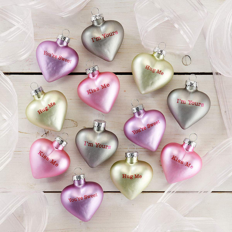 NewNest Australia - Lillian Vernon Pastel Candy Conversation Hearts Glass Valentine's Day Ornaments - Set of 12, 4 Designs, Party Decorations, Holiday Home Decor, 1-1/4" x 2" x 2-1/2" 