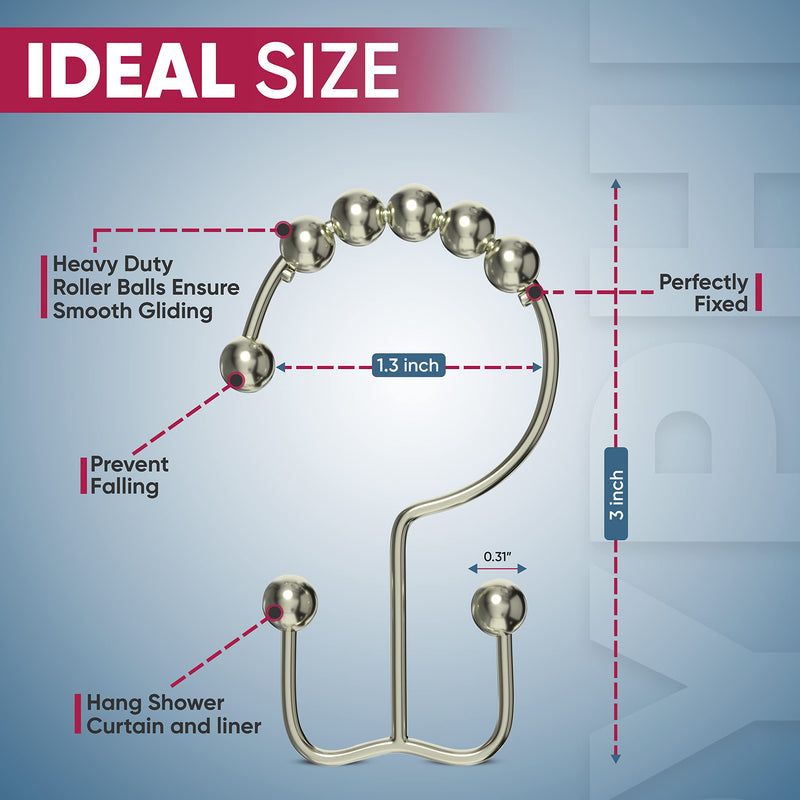 Double Shower Curtain Hooks Rust Proof (Set of 12) - Stainless Steel Nickel Shower Curtain Rings with Roller Balls for Easy Glide, Easy Install Double Shower Hooks for Shower Curtain (Polished Nickel) Dual Anchor Hooks - NewNest Australia