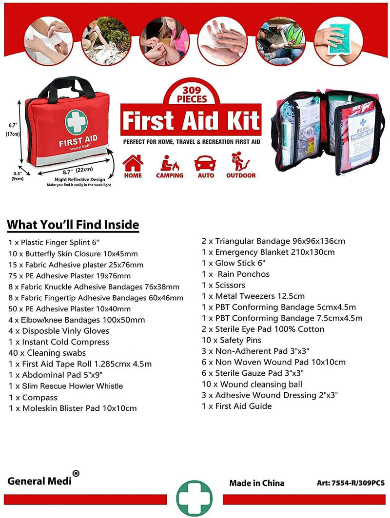 First Aid Kit -309 Pieces- Reflective Bag Design - Including Eyewash, Bandages, Moleskin Pad and Emergency Blanket for Travel, Home, Office, Car, Camping, Workplace Red Kit 2 - NewNest Australia