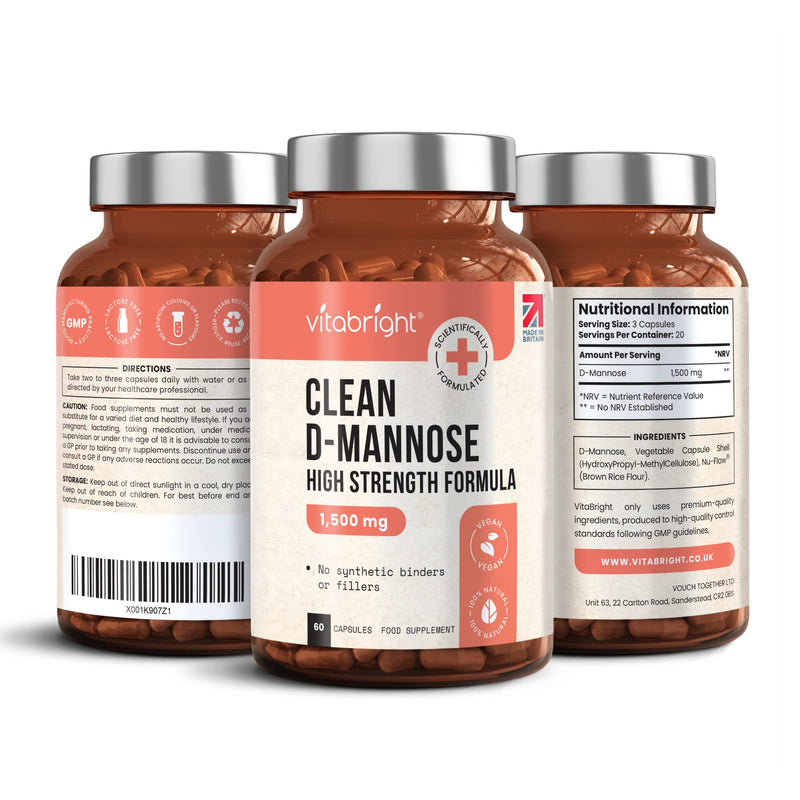 D-Mannose Capsules - 1500mg High Strength - 60 Capsules (20 Day Supply) - Contributes to Healthy Urinary Tract and Bladder - Clean Natural Ingredients - Vegan - Made in UK by VitaBright 60 Count (Pack of 1) - NewNest Australia