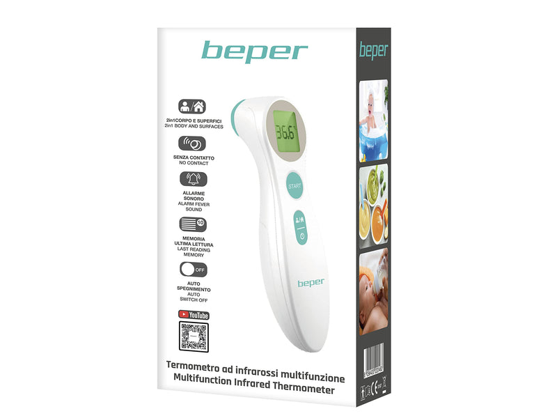 Beper P303Med001 Non-Contact Infrared Thermometer Measures Body/Liquids/Objects And Surfaces, Backlit Lcd Display, Memory For 10 Measurements, White/Water Green - NewNest Australia