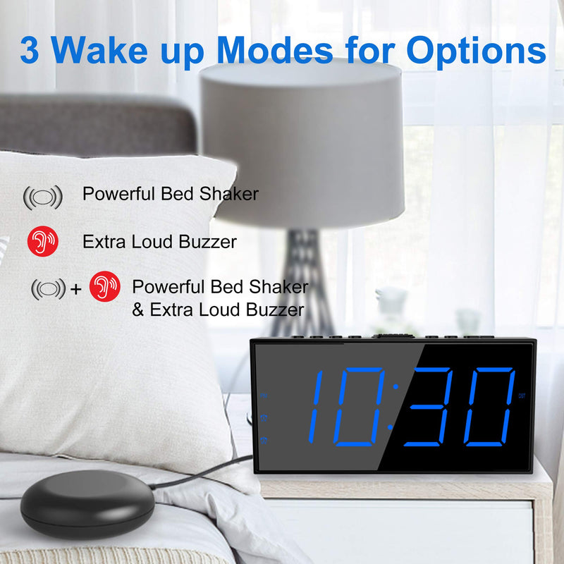 Loud Alarm Clock for Heavy Sleepers,Vibrating Alarm Clock for Hearing Impaired Deaf,Annoying Alarm Clock,USB Port,Dual Alarm with Snooze,7" Large Dimmable LED Display,Battery Backup,Easy to Use,DST Blue - NewNest Australia