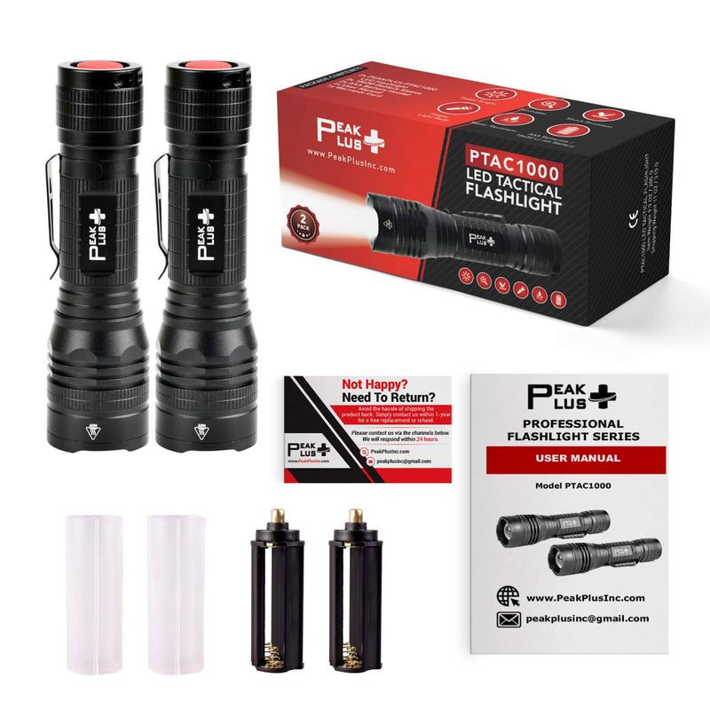 PeakPlus LED Tactical Flashlight PTAC1000 [2 PACK] Single Mode, High Lumen, Zoomable, Water Resistant, Flash Light - Camping, Outdoor, Emergency, Everyday Flashlights with Clip - NewNest Australia