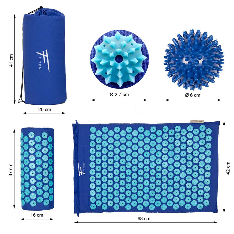 Fitem Acupressure Set ‚ Acupressure Mat, Acupressure Cushion, Bag, Massage Ball For Relieving Of Pain In The Back And Neck ‚ Sciatica ‚ Back Massage, Muscle Relief And Recovery After Exercise Qc-M230Andqc-Pl66-Blue Blue-Turquoise - NewNest Australia