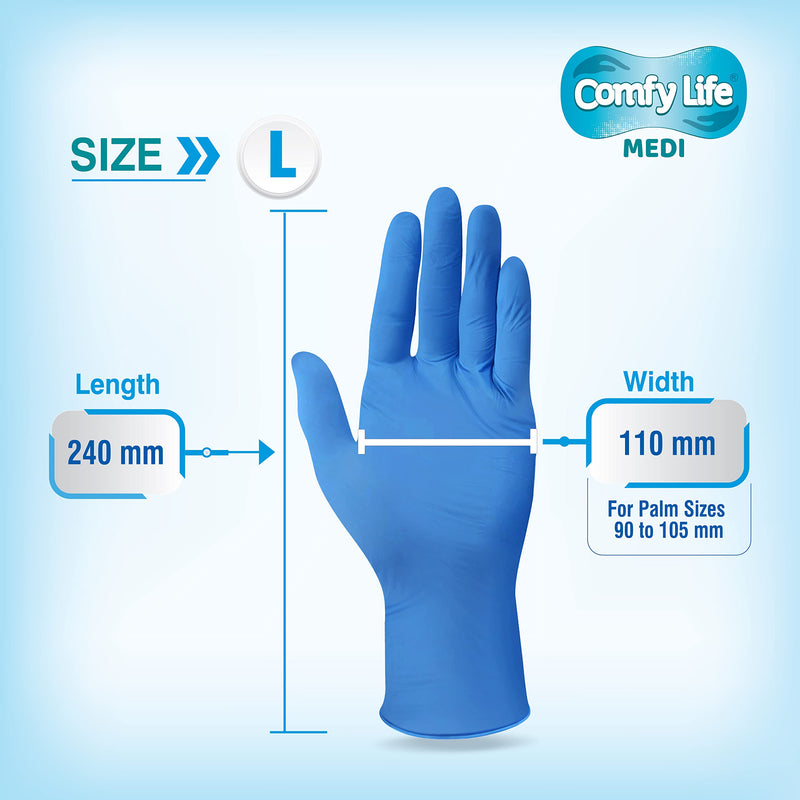 Comfy Life MEDI Pure Nitrile Gloves Premium Medical Grade EN455 EN374 Virus & Chemical Tested AQL 1.5 Powder Free Disposable Examination Gloves Latex Free PPE Food Safe Security Pack of 100 Size Large - NewNest Australia