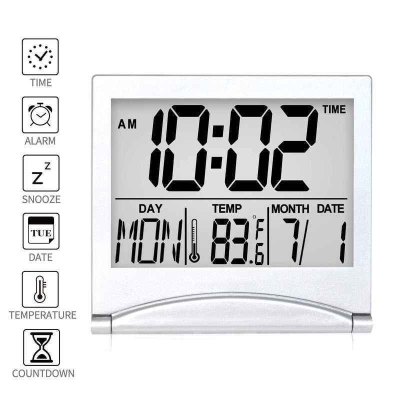 NewNest Australia - Betus Digital Travel Alarm Clock - Foldable Calendar Temperature & Timer LCD Clock with Snooze Mode - Large Number Display, Battery Operated - Compact Desk Clock for All Ages (Silver) 