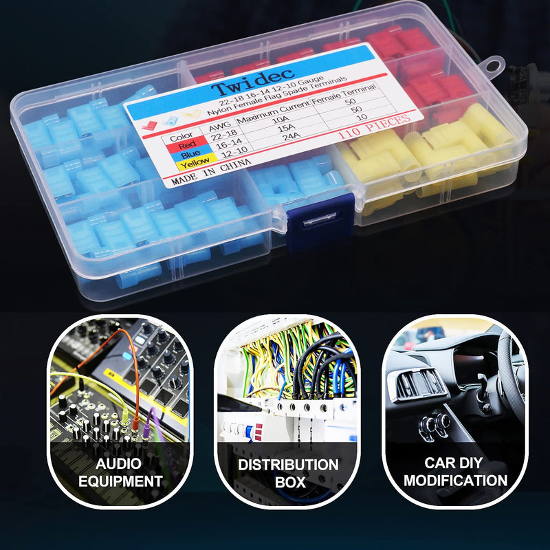 Twidec/110Pcs Nylon Flag Spade Female Insulated Terminals 22-18 18-14 12-10 Gauge Quick Disconnects Electrical Crimp Terminals Connector Assortment Kit for Electrical Wiring Car Audio Speaker N-006 - NewNest Australia