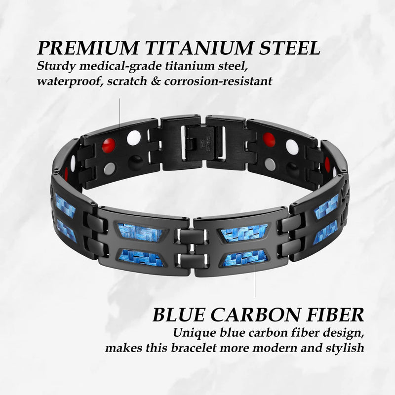 Jeracol Blue Carbon Fiber Titanium Steel Magnetic Bracelet for Men, 4 Element Double Row Strong Magnets,Size Adjustable Brazaletes Wristband with Removal Tool&Gift Box,Gift for Boyfriend Father's Day A-black Bule - NewNest Australia