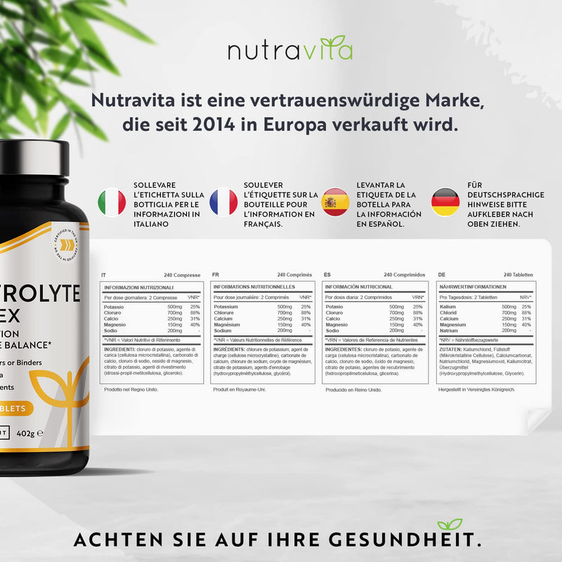 Electrolyte Complex - High Potency Tablets with Magnesium, Potassium and Calcium - Muscle Function and Electrolyte Balance - 240 Vegan Tablets - Manufactured by Nutravita - NewNest Australia