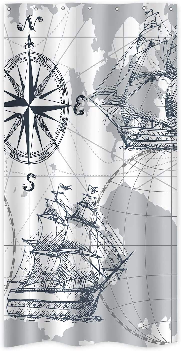 Riyidecor Stall Nautical Sailboat Map Shower Curtain 36Wx72H Inch Boys Boat Sketch Ship Wheel Compass Anchor Decor Fabric Polyester Waterproof Fabric 7 Pack Plastic Hooks White Grey - NewNest Australia