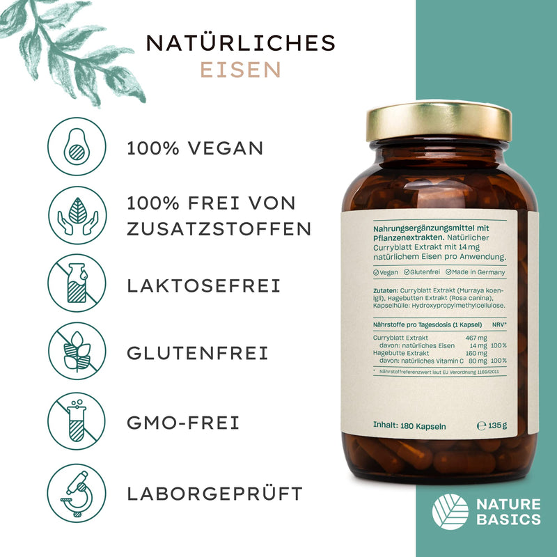 Nature Basics® natural iron certified & sustainable in a glass | 180 capsules high dose | 14mg iron & 80mg vitamin C per capsule | purely from curry leaf & rose hip | without additives & from DE - NewNest Australia