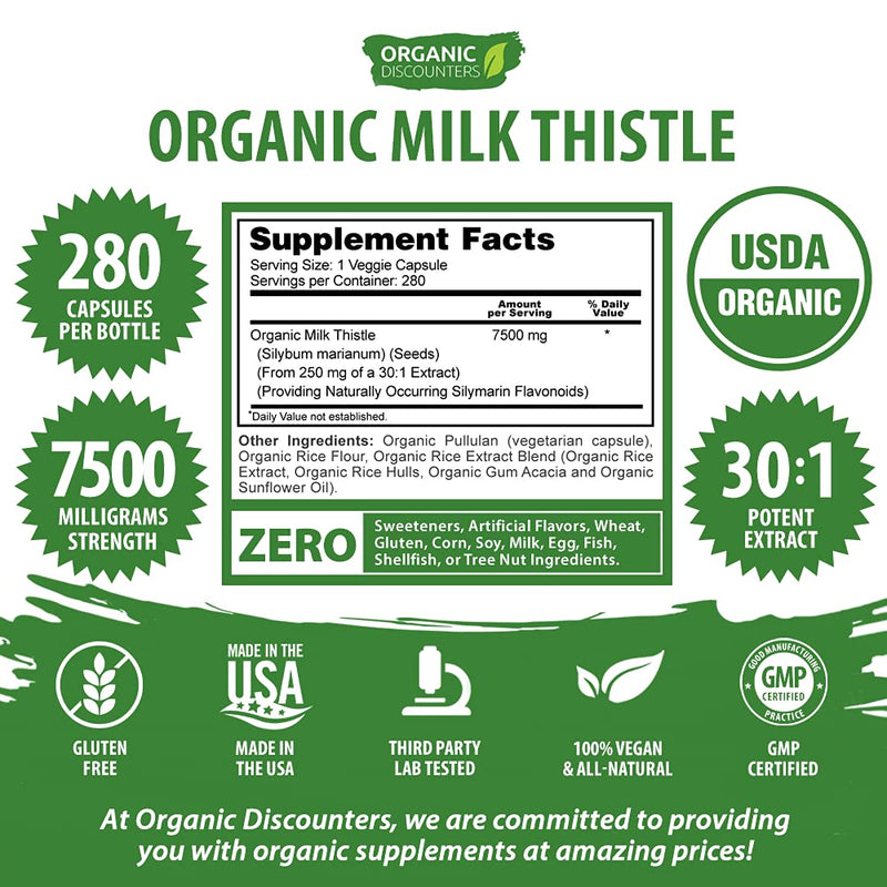 Organic Discounters USDA Organic Milk Thistle Extract Capsules, 280 Count, 7500 mg Strength, Potent 30:1 Extract, USDA Certified Organic, Rich in Silymarin Flavonoids, Vegan, Non-GMO and All-Natural - NewNest Australia