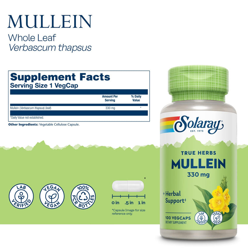 Solaray Mullein Leaf, Herbal Support for Healthy Respiratory and Bronchial Function, Vegan, 100 Vegcaps - NewNest Australia
